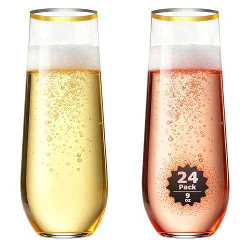24 Pack Gold Rim Stemless Champagne Flutes, 9 oz Clear Disposable Plastic Glasses, Heavy Duty Shatterproof Recyclable Mimosa Glasses for Party Wine Tasting Wedding New Years Eve Party Supplies - color: Gold RIm, size: 24-Pack
