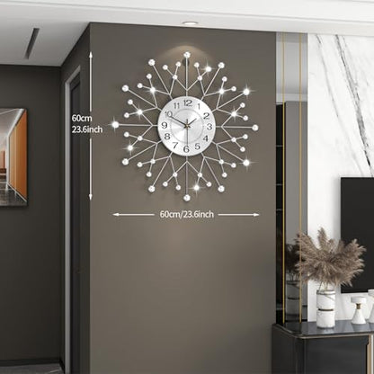 Large Decorative Silver Crystal Wall Clock for Living Room Decor | 24 Inch Big Modern Metal Wall Clock Battery Operated Non Ticking Quality Quartz Silent Clock for Kitchen Office Bedroom - style: Contemporary
