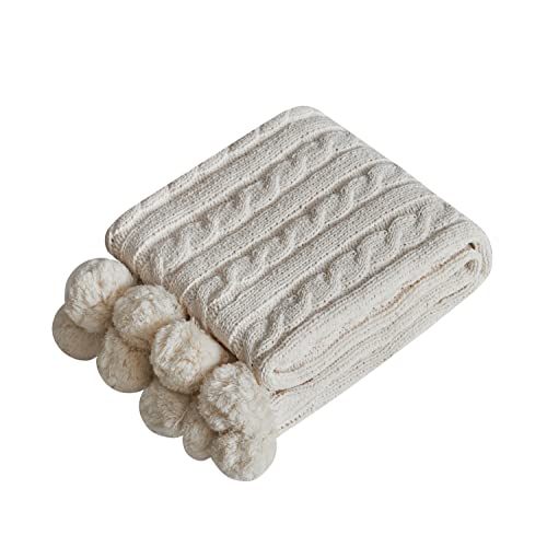 Chenille Chunky Knitted Throw Blanket with 14pcs Pom Poms Tassel Super Soft Cozy Warm Blanket for Sofa Bed Soft Couch 50 x60 inches (White)?-¡­ - color: Pom-pom-white, size: Throw 50"X60"
