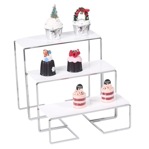 12-Inch Rectangular 3 Tier Serving Tray Stand, White Acrylic Trays with Silver Painted Iron Rack, Removable Dessert Display for Cupcakes, Appetizers, Fruit and Cookies - color: White and Silver