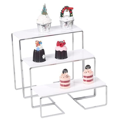 12-Inch Rectangular 3 Tier Serving Tray Stand, White Acrylic Trays with Silver Painted Iron Rack, Removable Dessert Display for Cupcakes, Appetizers, Fruit and Cookies - color: White and Silver