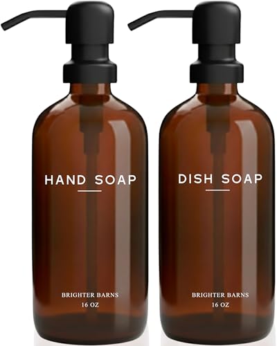 Amber Glass Hand and Dish Soap Dispenser Set by Brighter Barns - Modern Kitchen Decor & Accessories for Airbnb, RV, Office, Housewarming Gifts (Amber) - color: Amber Hd