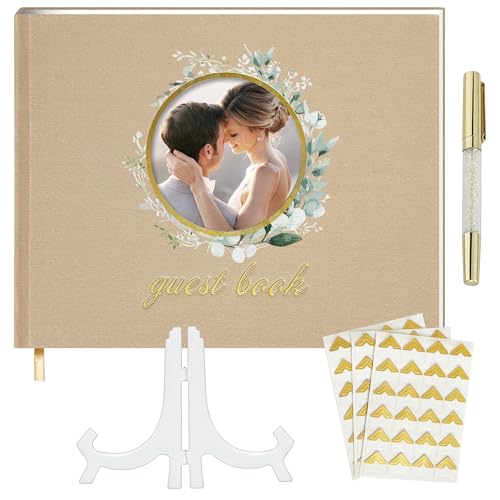 5 Pieces, Wedding Guest Book, Linen Luxury Guest Book, for Wedding, Special Events with Guestbook Stand, Pen, Wedding Book Photo Corners, Guest Book for Party Keepsake Box, Beige