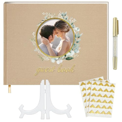 5 Pieces, Wedding Guest Book, Linen Luxury Guest Book, for Wedding, Special Events with Guestbook Stand, Pen, Wedding Book Photo Corners, Guest Book for Party Keepsake Box, Beige