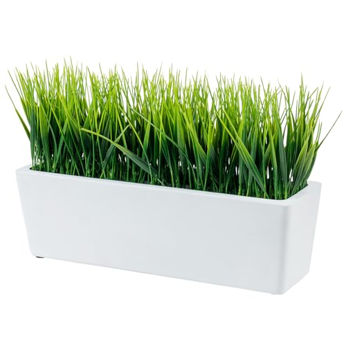 MyGift 14 Inch Artificial Green Grass Plant White Concrete Planter | Lifelike Grass Foliage, Decorative Cement Container, Maintenance Free Décor, Modern Window Accent, Natural Greenery Look - color: White Concrete