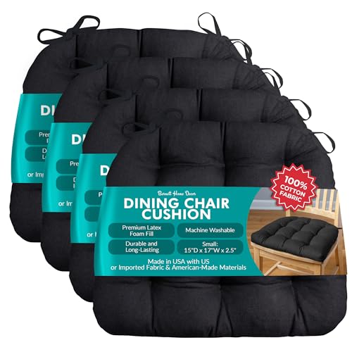 Barnett Home Decor Chair Cushions for Dining Chairs - 15x17 Kitchen Chair Cushions - Machine Washable, 100% Cotton, Made in USA - Latex Foam Comfort Chair Pads - Cotton Duck Black Small Pack of 4 - color: Cotton Duck Black, size: Small (15"D x 17"W x 2.5"