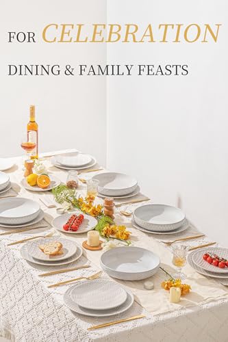 FOBENTA 24-Piece Embossed Ceramic Dinnerware Set–8 Dinner Plates, 8 Salad Plates, 8 Pasta Bowls,Elegant & Durable Tableware for Large Families, Dishwasher & Microwave Safe - size: Service for 8-24Pcs (Pasta Bowl)