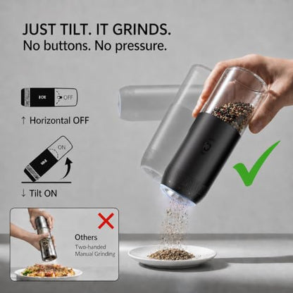 Gravity Electric Salt and Pepper Grinder Set, Rechargeable Automatic Mills with Charging Base, 6-Level Adjustable Coarseness, LED Light, Matte Black, 2-Pack