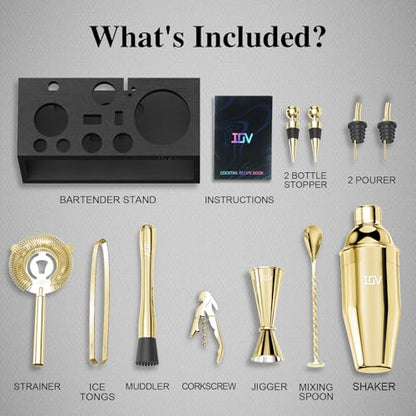 IOV Mixology Bartender Kit With Stand | 12-Piece Cocktail Shaker Set | 24oz Martini Shaker Set For Drink Mixing | Bar Set Includes All Bar Tools And Recipe Booklet | Fun Housewarming Gift (Gold) - color: 12 Pcs - Gold