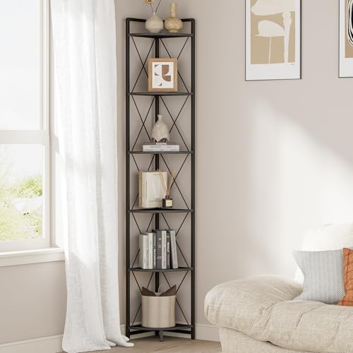6 Tier Corner Shelf Stand, 78" H Tall Corner Bookshelf, Black | Industrial Metal Corner Shelf for Living Room Decor, Plant Stand Display Shelf for Bedroom, Bathroom, Small Spaces - color: Black, size: 11.8"D x 11.8"W x 78.3"H