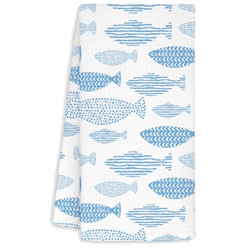 Jvpke Coastal Beach Kitchen Towels, Pastel Blue Fishing Beach Hand Towels for Bathroom, Fish Decor Dish Tea Towels for Kitchen Decor, Coastal Bathroom Decor, 16x24 Inch - color: Fish Light