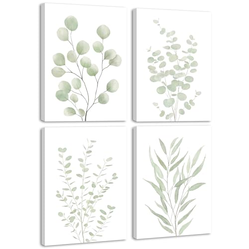 KUVIOKE Botanical Framed Boho Wall Art Bathroom Plants Wall Decor Green Sage Eucalyptus Leaf Prints Minimalist Aesthetic Ready to Hang Set of 4, 12x16 in (Framed) - color: Sage Plants - Standard, size: 12 x 16in x 4 Panels