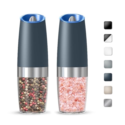 Battery Gravity Salt Pepper Grinder Set, 2 Pack (Grey) | Gravity Automatic Grinder With LED Light & Adjustable Roughness, Each Requires 6 AAA Batteries For Kitchen Daily Seasoning - color: Battery/Set/ Grey