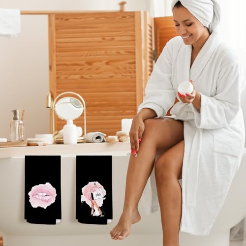 SPBL&L Pink and Black Hand Towels for Bathroom Set of 4, Women's Fashion Black Hand Towels for Bathroom, 16x24 Inches - color: Bathroom-black Five