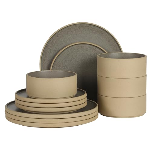 Gibson Elite Villa Amadora - Made in Portugal - 12 Piece Dinnerware Set for 4, Two Tone Tan and Grey Speckled Stoneware Plates and Bowls Sets, Dish Set with Dinner Plates Salad Plates & Cereal Bowls - color: Tan/Grey (Valle Amadora Dinnerware)