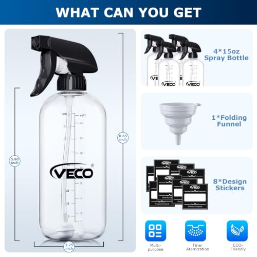 Veco 15oz Graduated Spray Bottles, 4-Pack — 360° Any-Angle Spraying for Easy Dilution, Leak-Resistant spray bottles for Cleaning, Plants, Hair & Pet Use + Foldable Funnel - size: 15oz 4pack