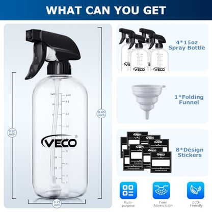Veco 15oz Graduated Spray Bottles, 4-Pack — 360° Any-Angle Spraying for Easy Dilution, Leak-Resistant spray bottles for Cleaning, Plants, Hair & Pet Use + Foldable Funnel - size: 15oz 4pack