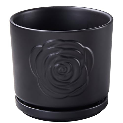 Ekirlin 7 Inch Plant Pots for Indoor Plants, Modern Ceramic Glaze Planters, Round Flower Planter Pot with Drainage Hole and Saucer, Snake Plant Pot for Succulent, Orchid, Pothos,Gift for Plant, Black - color: Roseblack, size: 7 Inch