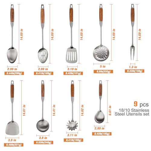 9 PCS 304 Stainless Steel Cooking Utensils set with Wooden Handle, Metal Kitchen Utensils Set, Large Heat Resistant Wooden Handle Kitchen Tools, Stainless Steel Wok Spatula