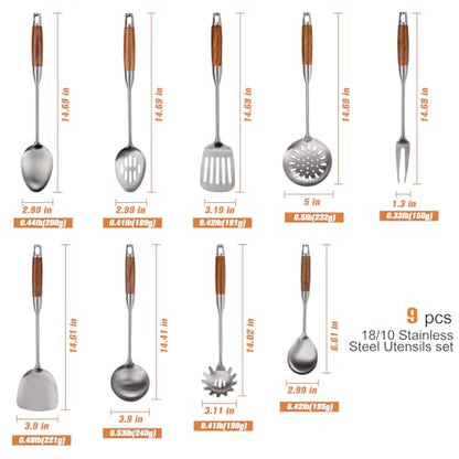 9 PCS 304 Stainless Steel Cooking Utensils set with Wooden Handle, Metal Kitchen Utensils Set, Large Heat Resistant Wooden Handle Kitchen Tools, Stainless Steel Wok Spatula