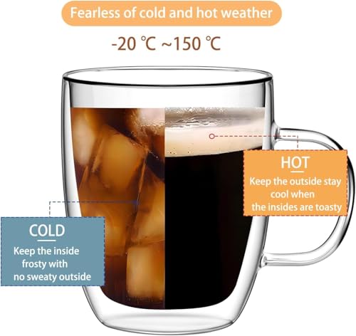 Double Wall Glass Coffee Mugs with Handle, 15 oz Set of 4 | Premium borosilicate, Heat resistant, Sweat proof, For latte, cappuccino, espresso, tea