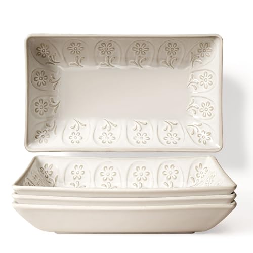 Appetizer Plates Set of 4, 8.25" Embossed Ceramic Rectangular Dessert Plates, Deep Lipped Edges, Microwave & Dishwasher Safe, Salad Sushi Snack Serving Plates (White, Pinwheel Flower) - color: White (Pinwheel Flower), size: 8.25 inch