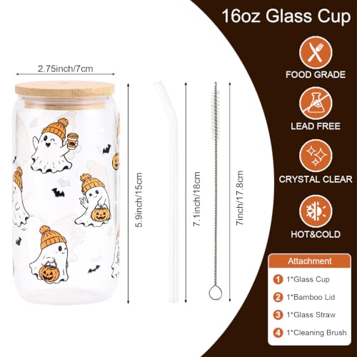 Halloween Ghost Gift Cute Pumpkin Glass Cup with Lid and Straw | Fall Iced Coffee Glass Tumbler Mug Gifts for Women Men, Birthday Thanksgiving Presents Basket Stuff for Teens Girls 16oz - style: Hat Ghost