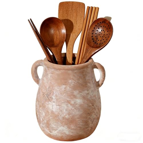 Rustic Kitchen Utensil Holder, Ceramic Utensil Crock for Kitchen Counter | Farmhouse Spatula Organizer for Countertop, Vintage Crock Decor (Brown) - color: Brown