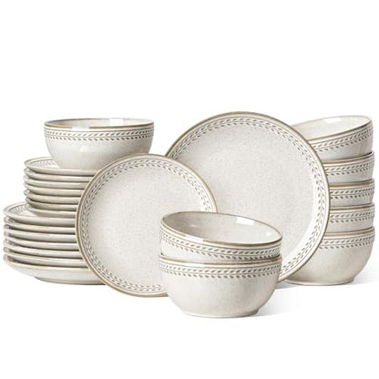 LE TAUCI 24 Piece Dinnerware Sets for 8, Large Plates and Bowls Sets, Ceramic Dishes Set for 8, Modern Stoneware Tableware, Chip Resistant, Ideal for Hosting, Reactive Beige (8"&10" Plate, 27oz Bowl) - size: 8 Set(24pcs)