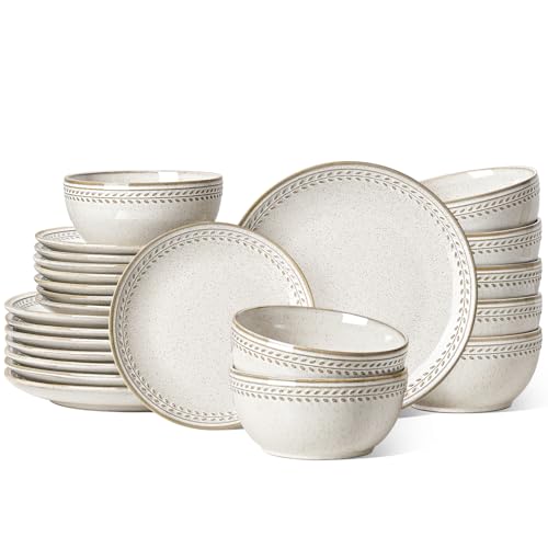 LE TAUCI 24 Piece Dinnerware Sets for 8, Large Plates and Bowls Sets, Ceramic Dishes Set for 8, Modern Stoneware Tableware, Chip Resistant, Ideal for Hosting, Reactive Beige (8"&10" Plate, 27oz Bowl) - size: 8 Set(24pcs)