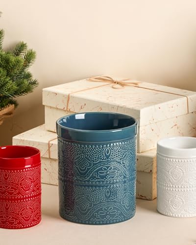 Kitchen Utensil Holder, 7.2+5.5" Super Large Utensil Crock Heavy and Stable Lace Emboss Ceramic Utensil Holder for Kitchen Counter(2Pcs Grayish Blue) - color: 2Pcs Grayish Blue