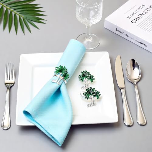 Palm Tree Napkin Rings Set of 6 Tropical Coastal Napkin Holder Ring for Spring Party Summer Wedding Decor,Green Coconut Tree Dining Table Setting for Hawaii Holiday Gatherings & Beach House - style: Palm Tree