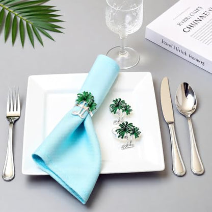 Palm Tree Napkin Rings Set of 6 Tropical Coastal Napkin Holder Ring for Spring Party Summer Wedding Decor,Green Coconut Tree Dining Table Setting for Hawaii Holiday Gatherings & Beach House - style: Palm Tree