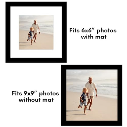 Americanflat 9x9 Picture Frame 2-Pack - Matted to 6x6 - Black | Slim Molding construction, Polished plexiglass front, wall or tabletop display with included easel, triangle hangers included - color: Black, size: 9x9
