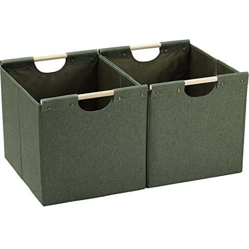 HOONEX Large Collapsible Storage Bins, Linen Fabric, Pack of 2, Storage Baskets with Wooden Carry Handles and Sturdy Heavy Cardboard, for Home, Office, Car, Nursery, Olive - color: Olive
