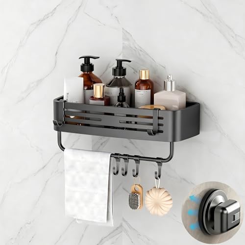 Shower Caddy Suction Cup 1 Pack, Square Shower Shelves, Gray | No Drilling, Aluminum Alloy Shower Organizer, Rustproof Bathroom Storage Rack with Towel Bar & Hooks - color: Gray(1 Pack), size: Square