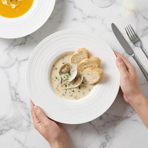 Ceramic Wide Rimmed Soup Plate, Soup Bowl 12 oz, Pasta Bowl Set of 4, White Shallow Bowl Plate with Rim, Best choice for high-end restaurants, hotels, and foodies,11.4 Inch Coil relief - color: White Coil texture relief, size: 11.4 Inch