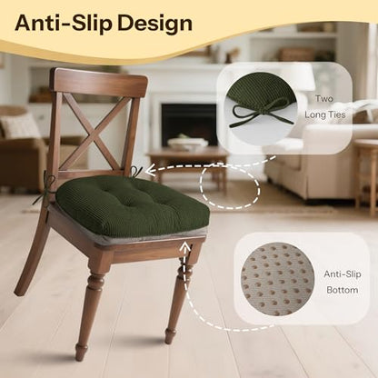 Anti Slip Kitchen Chair Cushions Set of 4 18"X16.5"X3" Dark Green | Elegant Breathable Textured Fabric, with Ties, Tufted, Thick Polyester Filling, for Dining Chairs, Folding Chairs, Office - color: Dark Green