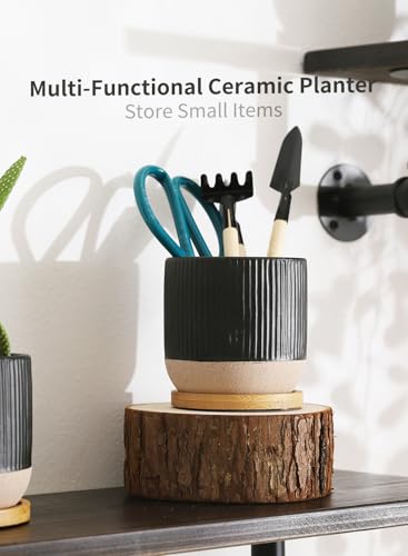 4" Black Ceramic Plant Pots with Drainage Holes & Trays Set of 4 | Vertical Stripes Succulent Pot with Saucer, Small Flower Planter Sets for Indoor Plants, Cactus & Herbs - color: Vertical Stripes - Black
