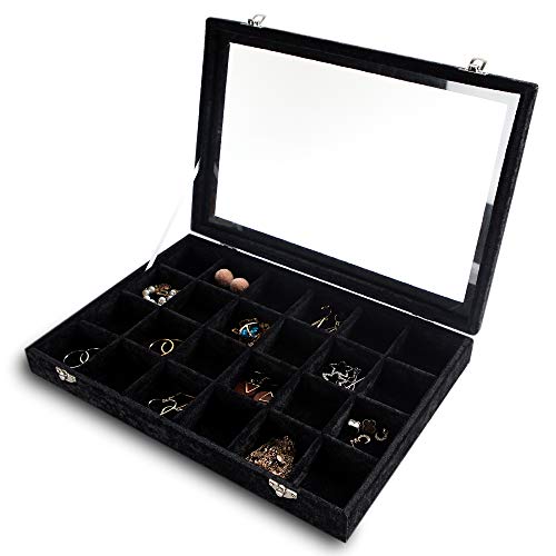 24 Grid Jewelry Tray with Clear Lid, Velvet Earring Organizer | Drawer Jewelry Organizer for Rings Studs Brooch,Adjustable Divider,Dustproof Design,Earring Storage,Trinket Box,13.8×9.5Inch - color: Black, size: 24 Slots