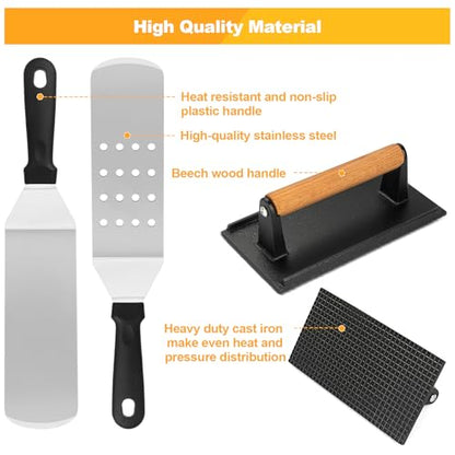Terlulu Griddle Accessories Kit, 28 PCS Flat Top Grill Accessories for Blackstone and Camp Chef, Metal Spatula Set with Burger Press, Melting Dome, Tongs, Scraper, Carry Bag for Outdoor Grilling BBQ - style: with Rectangular Burger Press