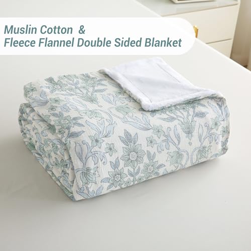 Viviland Cotton Muslin Blanket Reversible Fleece Blanket Lightweight Breathable Gauze Queen Size 90 x 90 Inches, Green Narcissus - color: Green Narcissus, size: Queen Size (90 X 90 Inches)