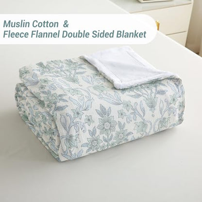 Viviland Cotton Muslin Blanket Reversible Fleece Blanket Lightweight Breathable Gauze Queen Size 90 x 90 Inches, Green Narcissus - color: Green Narcissus, size: Queen Size (90 X 90 Inches)