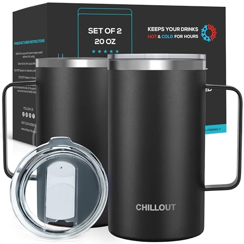 CHILLOUT LIFE Stainless Steel Vacuum Insulated Coffee Mug 20 oz (Set of 2) with Handle and Lid, Large Thermal Camping Coffee Mugs with Sliding Lid for Men & Women, Keeps Your Beverages Hot & Cold - color: Black, size: 20 Ounces - 2 Pack