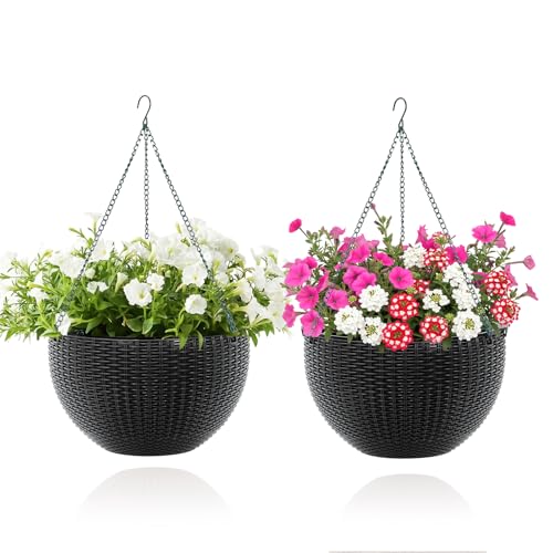 13.8 Inch Self Watering Hanging Planter, 2PCS Round Resin Hanging Basket for Indoor Outdoor Plants, Rattan Look Flower Pot with Drainage Plug, Deep Inner Pot and Sturdy Metal Triple-Chain Hanger - color: Black