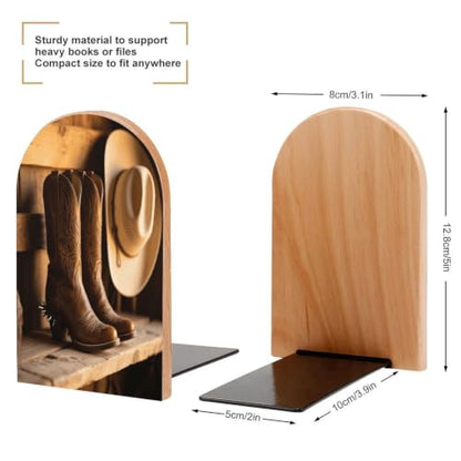 Western Boots Bookend 1 Pair Heavy Duty Book Ends for Shelve | 3.9 X 2 X 5 Inch, Metal Decorative Book Stopper Organizer, Non-skid Wooden Bookend Support for Home, Office, Desk