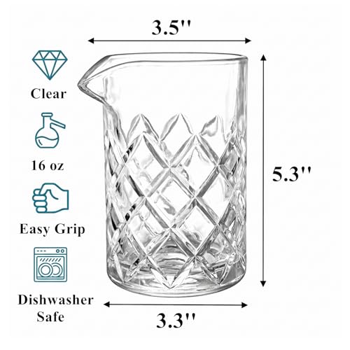 Tebery Seamless Crystal Cocktail Mixing Glass for Stirring Drinks, 16Oz Thick Bottom Bar Mixing Pitcher, Stirring Glass Drink Maker for Bar, Bartenders