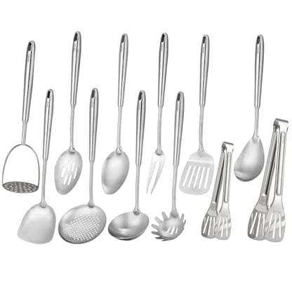 18/10 Stainless Steel Kitchen Utensils Set - 12 PCS All Metal Cooking Tools | 15″ Cooking Utensils - Potato Masher, Meat Fork, Tongs, Turner, Pasta, Serving Spoon, Skimmer, Ladle, Spatula Spoon Set - color: 12-Pieces