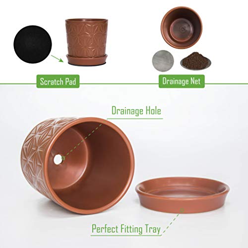 D'vine Dev 2-Pack Geometric Stoneware Planters, 3.8/5.8 in, Canyon, 99-E-5 | Drainage Hole and Saucer, Sculptural Geometric Design, Rich Glazed Surface, Modern Style, Elegant Accent for Indoor Plants - color: Pottery Red