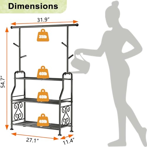 GIOTORENT Plant Stand Indoor, 3-Tier Heavy Duty Metal Shelf for Patio & Indoor, Tall Plant Holds 14+ Plants with 5 Hooks, Rust-Proof Plant Holder for Garden, Balcony, Living Room, Black - size: B-3Tier-Hanger